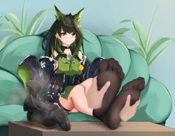 1girl absurdres arknights black_hair black_socks boots cyrilliar feet foot_focus green_eyes highres long_hair looking_at_viewer mon3tr_(arknights) multicolored_hair see-through_clothes see-through_legwear shoes smell smile socks soles steam streaked_hair toes unworn_boots unworn_shoes