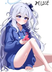 1girl absurdres aged_down artist_name barefoot between_legs black_bow blue_archive blue_eyes blue_halo blue_hoodie blue_panties blush bow braid cellphone commentary felice_ykr foot_out_of_frame hair_between_eyes hair_bow half_up_braid halo hand_between_legs hand_up highres holding holding_phone hood hood_down hoodie knee_up long_hair looking_ahead messy_hair miyako_(blue_archive) miyako_(young)_(blue_archive) official_alternate_costume official_alternate_hairstyle one_side_up panties parted_lips phone polka_dot polka_dot_panties rabbit_in_eyes sidelocks simple_background sitting sleeves_past_wrists smartphone solo symbol_in_eye thighs underwear very_long_hair white_background white_hair