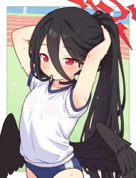 1girl black_choker black_hair black_wings blue_archive blush buruma choker closed_mouth feathered_wings gym_shirt gym_uniform halo hasumi_(blue_archive) hasumi_(track)_(blue_archive) long_hair looking_at_viewer low_wings mole mole_under_eye mouth_hold official_alternate_costume onyhakase ponytail red_eyes shirt short_sleeves simple_background solo sweat tying_hair wet white_shirt wings