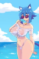 1girl absurdres animal_ear_fluff animal_ears bell bikini bikini_bottom_only blue_hair blurry blurry_background body_freckles breasts cat_ears cat_girl cat_tail choker cloud collarbone cowboy_shot crop_top doce female_focus food food_in_mouth freckles hair_between_eyes highres jingle_bell large_breasts looking_at_viewer navel nipples ocean original outdoors pink_eyes popsicle popsicle_in_mouth see-through_clothes see-through_shirt shirt short_hair sky solo sunglasses swimsuit tail tied_shirt tinted_eyewear wet white_bikini wristband xiao_(docecaedrus)