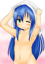 1girl after_bath after_bathing armpits arms_up blue_hair blush collarbone dripping female_focus flat_chest green_eyes highres izumi_konata long_hair lucky_star mole mole_under_eye navel nipples nude one_eye_closed simple_background smile towel towel_on_head wet wink