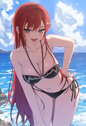 1girl akane_lize backlighting bare_arms bare_shoulders bikini black_bikini black_eyes breasts cleavage cowboy_shot day ekta fang gluteal_fold hair_ornament hairclip halterneck hand_on_own_hip highres large_breasts leaning_forward long_hair looking_at_viewer mole mole_on_cheek multi-strapped_bikini_bottom multicolored_hair navel o-ring o-ring_bikini ocean open_mouth outdoors red_hair side-tie_bikini_bottom smile solo standing stellive stomach streaked_hair string_bikini swimsuit thighs very_long_hair virtual_youtuber wet