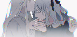 2girls aged_down bang_dream! bang_dream!_it&#039;s_mygo!!!!! black_ribbon blue_hair blue_shirt chromatic_aberration commentary crying finger_in_another&#039;s_mouth green_hair hair_ribbon highres holding_sewing_needle long_hair long_sleeves multiple_girls needle reiboubyou ribbon sewing_needle shirt sidelocks string string_of_fate tears togawa_sakiko wakaba_mutsumi yuri