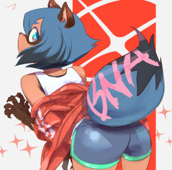 1girl 2024 animal_ears animal_nose ass blue_eyes blue_hair brand_new_animal brown_fur copyright_name female_focus furry furry_female jacket kagemori_michiru matahei multicolored_hair off_shoulder raccoon_ears raccoon_girl raccoon_nose raccoon_tail red_jacket short_hair shorts signature solo studio_trigger tail track_jacket two-tone_hair