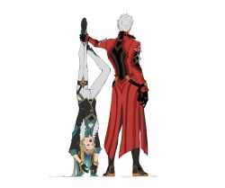 2boys absurdres archer_(fate) archer_(honkai:_star_rail)_(fate) aventurine_(honkai:_star_rail) belt black_belt black_boots black_gloves black_jacket blonde_hair boots coat dark-skinned_male dark_skin gloves gold_trim hand_on_another&#039;s_foot highres holding honkai:_star_rail honkai_(series) jacket long_sleeves male_focus multiple_boys nanimononimo open_mouth pants red_coat short_hair sleeve_cuffs smile standing thigh_belt thigh_strap upside-down white_fur white_hair white_pants