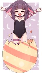 1girl ^_^ absurdres animal_ears black_leotard closed_eyes commentary commission easter_egg egg english_commentary fallenshadow flat_chest gluteal_fold highres indie_virtual_youtuber kaze_(2kaze5) leotard open_mouth purple_background purple_hair purple_ribbon rabbit_ears rabbit_girl ribbon short_hair simple_background solo strapless strapless_leotard