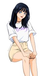 Rule 34 | 1girl, black hair, black nails, blunt bangs, choker, closed mouth, commentary, eyelashes, gfriend, highres, invisible chair, k-pop, long hair, looking at viewer, mafuyumikka, makeup, mascara, real life, red lips, shirt, shirt tucked in, shorts, simple background, sitting, smile, solo, twitter username, white background, white shirt, yuju (gfriend)
