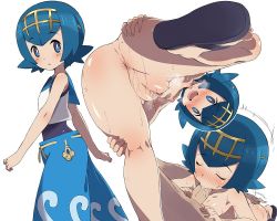 1boy 1girl ass blue_eyes blue_hair breasts censored cleft_of_venus dark-skinned_male dark_skin feet fellatio flip-flops hetero kounosu_satori lana_(pokemon) loli mosaic_censoring nintendo nipples oral penis pokemon pokemon_sm pussy sandals