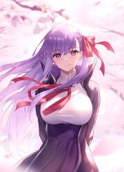 1girl absurdres arms_behind_back bb_(fate) bb_(fate/extra) black_coat black_skirt blurry branch breasts cherry_blossoms closed_mouth coat collared_shirt depth_of_field falling_petals fate/extra fate/extra_ccc fate_(series) hair_between_eyes hair_ribbon high-waist_skirt highres large_breasts long_hair long_sleeves looking_at_viewer neck_ribbon open_clothes open_coat outdoors petals pink_petals pleated_skirt popped_collar purple_eyes purple_hair red_ribbon ribbon sano_jinya shirt skirt smile solo straight-on taut_clothes taut_shirt white_petals white_shirt wind