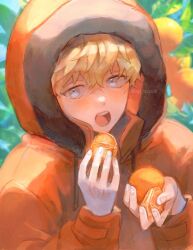 Rule 34 | 1boy, animification, artist name, blonde hair, blue eyes, blue sky, blush, commentary request, day, down jacket, fingernails, food, fruit, fur-trimmed hood, fur trim, hair between eyes, hands up, highres, holding, holding food, holding fruit, hood, hooded jacket, jacket, kenny mccormick, korean commentary, leaf, long sleeves, looking at viewer, male focus, mandarin orange, open mouth, orange jacket, outdoors, puffy long sleeves, puffy sleeves, short hair, sky, solo, south park, sp toyoill, teeth, upper body