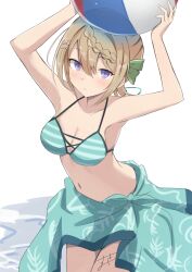 Rule 34 | 1girl, absurdres, armpits, arms up, ball, beachball, bikini, blonde hair, braid, braided bangs, braided bun, commentary request, cross-laced bikini, cross-laced clothes, green bikini, green sarong, hair bun, highres, holding, holding ball, holding beachball, kantai collection, leaf print, leaning forward, perth (kancolle), perth (swimsuit) (kancolle), purple eyes, sarong, short hair, simple background, solo, striped bikini, striped clothes, sukimizaki, swimsuit, white background