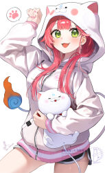1girl 35p_(sakura_miko) :3 :d black_shorts center-flap_bangs character_hood creature dolphin_shorts double-parted_bangs ear_piercing green_eyes hand_up highres holding holding_creature hololive hood hood_up hooded_jacket jacket kito_koruta long_hair long_sleeves looking_at_viewer looking_back nail_polish open_mouth paw_pose piercing pink_hair pink_nails sakura_miko short_shorts shorts simple_background sleeves_past_wrists smile solo spoken_paw_print tail virtual_youtuber white_background x_anus