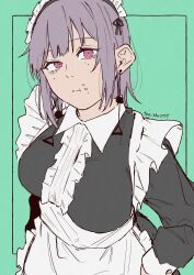Rule 34 | 1girl, absurdres, alternate costume, apron, aqua background, artist name, black dress, chainsaw man, commentary request, dress, earrings, enmaided, fami (chainsaw man), food, food on face, highres, jewelry, maid, maid apron, maid headdress, multiple moles, purple eyes, purple hair, ringed eyes, solo, tian zhu2357, white apron