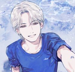 1boy blonde_hair blue_shirt hashtag-only_commentary jeonghan_(seventeen) jewelry k-pop looking_at_viewer male_focus necklace pearl8 real_life seventeen_(group) shirt short_hair smile solo t-shirt upper_body
