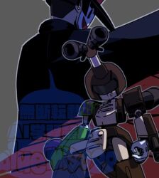 Rule 34 | arm cannon, black cape, black hat, bluemiso99, brown armor, brown helmet, cape, grey background, hat, helmet, humanoid robot, mask, medarot, metabee, robot, simple background, watermark, weapon