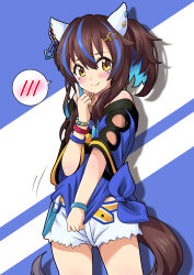 Rule 34 | 1girl, absurdres, animal ears, bare shoulders, blue hair, blush, bracelet, brown hair, clothes pull, clothing cutout, colored inner hair, commentary request, covering anus, cowboy shot, daitaku helios (umamusume), denim, denim shorts, ear covers, ear piercing, embarrassed, hair between eyes, hair ornament, highres, horse ears, horse girl, horse tail, jewelry, kurumiyasan ns, looking at viewer, medium hair, midriff peek, multicolored hair, piercing, shirt, shirt pull, shorts, shoulder cutout, side ponytail, simple background, solo, spoken blush, streaked hair, tail, tied shirt, umamusume, white shorts, yellow eyes