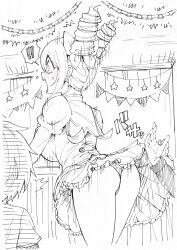 ! !! 1girl 2others :o absurdres ass blush braid clothes_lift drill_hair frills from_behind greyscale highres jashin-chan_dropkick juliet_sleeves long_sleeves monochrome multiple_others panties pino_(jashin-chan_dropkick) puffy_sleeves skirt skirt_flip skirt_lift spoken_exclamation_mark twin_braids underwear yuuki_shushu