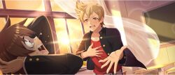 2boys blonde_hair blush brown_hair chalkboard classroom collarbone contemporary curtains dust_(konosuba) gakuran game_cg green_eyes hand_on_own_chest hands_on_own_head highres kono_subarashii_sekai_ni_shukufuku_wo! konosuba!_fantastic_days looking_at_another mole mole_under_eye multiple_boys official_alternate_costume official_art open_mouth outstretched_hand red_eyes red_shirt satou_kazuma school_uniform screaming shade shaded_face shirt short_hair sparkle sun sunlight sunset v-shaped_eyebrows wide-eyed window