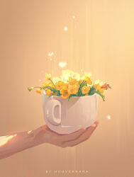 1other artist_name cup flower heart highres holding holding_cup huhv. light_particles original petals plant simple_background yellow_flower