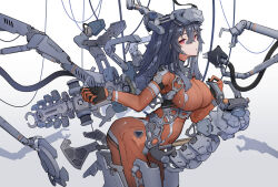1girl absurdres android ass black_hair bodysuit breasts cowboy_shot highres large_breasts long_hair looking_at_viewer mecha_musume original red_eyes ringobatake skin_tight solo