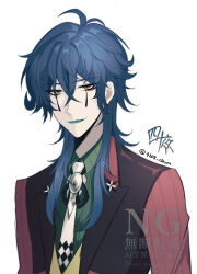 Rule 34 | 1boy, blazer, blue hair, blue lips, bolo tie, closed mouth, clown, commentary request, crossed bangs, eyeshadow, green shirt, hair between eyes, highres, jacket, ju (mahjong soul), long bangs, long hair, looking at viewer, mahjong soul, makeup, male focus, necktie, red eyeshadow, red jacket, shirt, simple background, smile, solo, teardrop facial mark, tetra c xxx, twitter username, upper body, vest, watermark, white background, white necktie, yellow vest