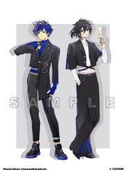 2boys :&lt; adjusting_clothes alcohol alternate_costume alternate_hairstyle aqua_eyes astel_leda asymmetrical_clothes asymmetrical_jacket baggy_pants belt belt_buckle black_belt black_hair black_jacket black_nails black_pants black_shoes blonde_hair blue_hair blue_shirt border buckle champagne champagne_flute closed_mouth copyright_notice cropped_jacket cross-laced_shoes cup drinking_glass drop_shadow earrings frown full_body grey_background grey_belt hair_between_eyes hair_ornament hairclip hand_in_pocket hand_up holding holding_cup holostars jacket jewelry kanade_izuru lapels layered_sleeves lightning_bolt lightning_bolt_hair_ornament lightning_bolt_symbol long_sleeves looking_at_viewer male_focus midriff_peek multicolored_hair multiple_belts multiple_boys multiple_rings necklace notched_lapels official_art open_clothes open_jacket outside_border pants parted_lips ponytail purple_eyes ring sample_watermark senzaki_makoto shirt shoes short_hair short_over_long_sleeves short_ponytail short_sleeves side-by-side simple_background sleeves_past_wrists standing streaked_hair turtleneck virtual_youtuber wallet_chain watermark white_border white_shirt wispy_bangs
