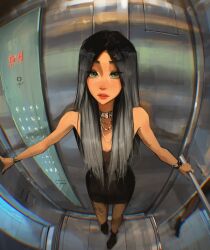 1girl black_dress black_hair dress elevator fisheye full_body gradient_hair green_eyes grey_hair hair_over_shoulder high_heels highres jewelry long_hair looking_at_viewer multicolored_hair necklace original outstretched_arms sam_yang short_dress solo toned toned_female very_long_hair watch wristwatch