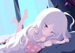 1girl absurdres ahoge black_halo blue_archive blush breasts demon_girl demon_horns demon_wings halo highres hina_(blue_archive) hina_(pajamas)_(blue_archive) horns long_hair lying natsukage_ao off_shoulder pajamas pink_pajamas purple_eyes small_breasts solo white_hair wings