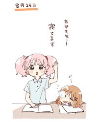 2girls :o =_= blue_shirt blush_stickers brown_hair closed_eyes collared_shirt commentary_request drooling eraser hair_bobbles hair_ornament hairclip hand_up head_on_table highres holding holding_pen multiple_girls namori nose_bubble notebook oomuro_sakurako open_mouth parallel_hairclips pen pink_hair shirt short_hair short_sleeves simple_background sleeping squeans translation_request twintails v-shaped_eyebrows white_background yoshikawa_chinatsu yuruyuri