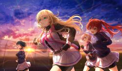 4girls agatsuma_sora baseball_field baseball_uniform belt belt_buckle belt_pouch bike_shorts_under_skirt black_belt black_gloves black_hair black_pouch black_shorts black_undershirt blonde_hair blurry breath buckle cinderella_series clenched_hands closed_mouth depth_of_field dutch_angle fingerless_gloves floating_hair flower game_cg gloves green_eyes hachigatsu_no_cinderella_nine hair_flower hair_ornament hairband highres jacket long_hair low_twintails medium_hair multiple_girls neckerchief non-web_source nozaki_yuuki official_art open_clothes open_jacket open_mouth outdoors pink_hair pink_neckerchief pleated_skirt pouch red_eyes red_hair running sakurada_chiyo satogahama_baseball_uniform shirt shirt_under_shirt short_hair shorts skirt sky sportswear striped_belt striped_clothes striped_shirt sunrise suzuki_waka sweat track_jacket track_suit twintails v-shaped_eyebrows vertical-striped_clothes vertical-striped_shirt wristband yellow_eyes