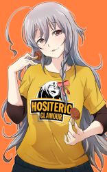 Rule 34 | 10s, 1girl, 71 (nanaichi drafting), ahoge, blush, braid, female focus, grey eyes, hair ribbon, head tilt, hoshi syoko, idolmaster, idolmaster cinderella girls, long hair, looking at viewer, mushroom, open mouth, ribbon, shirt, silver hair, single braid, smile, solo, t-shirt, very long hair