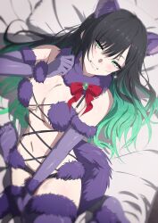 1girl absurdres cersea_soulstorm commission cosplay covering_crotch covering_privates earrings green_eyes green_hair grin highres idol_corp jewelry long_hair lying mash_kyrielight mash_kyrielight_(dangerous_beast) mash_kyrielight_(dangerous_beast)_(cosplay) misaki_nonaka mole mole_under_eye mole_under_mouth navel on_back on_bed red_ribbon ribbon skeb_commission smile sweat virtual_youtuber