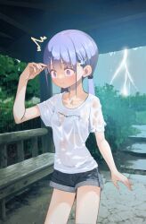 1girl arm_up bench blue_eyes blue_shorts blush bra bra_visible_through_clothes breasts closed_mouth clothes_writing collarbone covered_navel denim denim_shorts furrowed_brow hair_ornament hayakawa_sena_(pei_iriya) highres lightning long_hair original outdoors pei_iriya purple_hair rain see-through_clothes see-through_shirt shirt short_sleeves shorts solo standing t-shirt twintails underwear wet wet_clothes wet_shirt white_bra wooden_bench