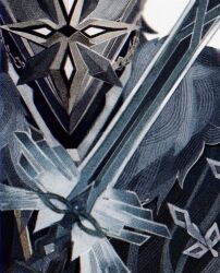1boy black_helmet capitano_(genshin_impact) close-up coat commentary faceless faceless_male fur-trimmed_collar fur_trim genshin_impact hashtag-only_commentary helmet male_focus portrait s1n_1o8 solo sword weapon white_background