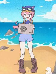 1girl animal_hat animated animated_gif bandaid bandaid_on_knee bandaid_on_leg beach bird blue_eyes blue_hat blue_sky boots brown_boots cloud day goggles goggles_on_head hat holding long_hair looking_at_viewer looping_animation ocean open_mouth outdoors package pink_hair ponytail sand seagull shorts sky solo standing steam_(platform) steam_delivery_girl suspender_shorts suspenders yoir