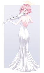 1girl :d absurdres alternate_costume alternate_hairstyle amerika_neko back bare_shoulders blue_archive blush border bright_pupils commentary dress eyelashes feather_hair formal_clothes from_behind full_body gloves grey_background hair_behind_ear hair_between_eyes halo highres holding holding_instrument holding_violin instrument long_dress looking_at_viewer looking_back medium_hair no_headwear open_mouth outside_border pink_eyes pink_hair serina_(blue_archive) shoulder_blades simple_background smile solo standing strapless strapless_dress violin white_border white_dress white_gloves yellow_halo