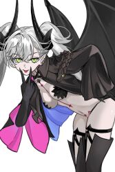 1girl absurdres ash81 black_cloak black_panties black_thighhighs body_markings breasts choker cloak crossed_bangs demon_girl demon_horns demon_wings ear_piercing fate/grand_order fate_(series) green_eyes grey_hair hair_between_eyes highres horns leaning_forward lilith_(fate) long_hair looking_at_viewer medium_breasts navel panties piercing pointy_ears solo stomach_tattoo tattoo thighhighs thighs tongue tongue_out twintails underwear v very_long_hair wings