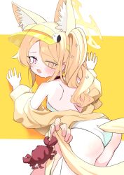 1boy 1girl absurdres against_wall animal_ear_fluff animal_ears ass bare_back bare_shoulders black_choker blonde_hair blue_archive blush breasts chinese_commentary choker clothing_cutout commentary_request crab cross_halo crying crying_with_eyes_open dot_nose ear_blush extra_ears eyes_visible_through_hair fox_ears fox_girl fox_tail furrowed_brow gradient_eyes hair_over_one_eye halo highleg highleg_one-piece_swimsuit highres holding_another&#039;s_tail jacket leaning_forward loli long_hair long_sleeves long_tail looking_at_viewer looking_back meng_yin multicolored_eyes no_eyewear off_shoulder official_alternate_costume official_alternate_hairstyle one-piece_swimsuit open_mouth pov pov_hands seia_(blue_archive) seia_(swimsuit)_(blue_archive) side_ponytail small_breasts solo_focus swimsuit tail tail_through_clothes tearing_up tears thighs very_long_hair visor_cap white_one-piece_swimsuit yellow_background yellow_halo yellow_jacket yellow_visor