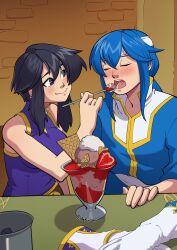 1boy 1girl absurdres bare_shoulders black_hair blue_hair blush closed_eyes commission commissioner_upload couple dekura dessert eating feeding fire_emblem fire_emblem:_genealogy_of_the_holy_war food fruit gloves headband hetero highres holding holding_spoon ice_cream larcei_(fire_emblem) long_hair looking_at_another nintendo open_mouth popped_collar purple_tunic seliph_(fire_emblem) short_hair sidelocks sitting sleeveless smile spoon strawberry sundae table tunic whipped_cream white_headband