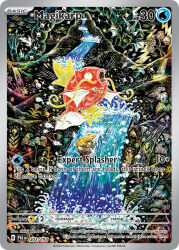 Rule 34 | animal focus, artist name, card (medium), character name, company name, copyright name, copyright notice, english text, fish, full body, gen 1 pokemon, kanda shinji, leaf, lips, magikarp, nintendo, no humans, official art, open mouth, plant, pokemon, pokemon (creature), pokemon card, pokemon focus, pokemon tcg, sparkle, third-party source, trading card, water, waterfall