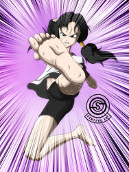 Rule 34 | 1girl, angry, barefoot, black hair, black shorts, blue eyes, dragon ball, dragonball z, feet, fingerless gloves, gloves, kicking, navel, puyasawyer, shirt, shorts, soles, sweat, toes, videl, watermark, white shirt