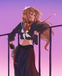 Rule 34 | 1girl, aerith gainsborough, aerith gainsborough (midgard seventh high school), against railing, bandaged chest, belt, black belt, black choker, black gloves, black mask, black shirt, black skirt, bracelet, breasts, brown hair, chain, choker, colored tips, cowboy shot, crop top, delinquent, final fantasy, final fantasy vii, final fantasy vii ever crisis, floral print, flower, gloves, green eyes, grey neckerchief, hair flower, hair ornament, herzenreine, jewelry, long hair, long skirt, long sleeves, looking to the side, mask, mask around neck, medium breasts, midriff, mouth mask, multicolored hair, navel, neckerchief, necklace, official alternate costume, parted bangs, parted lips, railing, red hair, red ribbon, ribbon, school uniform, shirt, side ponytail, sidelocks, skirt, solo, sukeban, sunset, white flower