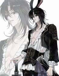 1boy animal_ears ba_y0 black_eyes black_hair black_jacket black_pants blazer collarbone corset cowboy_shot eyes_visible_through_hair hair_over_one_eye highres holding holding_sword holding_weapon jacket long_hair looking_at_viewer male_focus mole mole_under_eye open_clothes open_shirt original pants parted_bangs parted_lips rabbit_boy rabbit_ears shirt solo sword weapon white_shirt