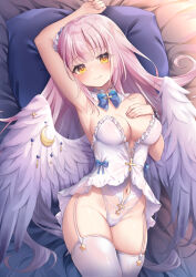 Rule 34 | 1girl, alternate costume, angel wings, arm up, armpits, babydoll, bed sheet, blue archive, blue bow, blue bowtie, blush, bow, bowtie, breasts, cleavage, closed mouth, clothing cutout, collar, crescent, cross, detached collar, feathered wings, frilled babydoll, from above, garter straps, groin, hand on own chest, head on pillow, highleg, highres, long hair, looking at viewer, lying, medium breasts, mika (blue archive), navel cutout, on back, pillow, pink hair, smile, solo, star (symbol), thighhighs, thighs, umou (may65879), very long hair, white babydoll, white collar, white garter straps, white thighhighs, white wings, wing ornament, wings, yellow eyes