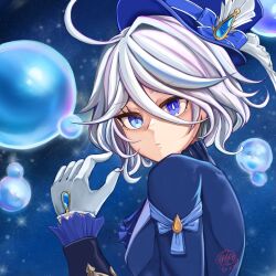 1girl ahoge blue_background blue_eyes blue_hat blue_jacket bubble commentary furina_(genshin_impact) genshin_impact gloves hat highres jacket long_sleeves looking_at_viewer short_hair solo tin_(tintin19932001) top_hat upper_body white_gloves white_hair