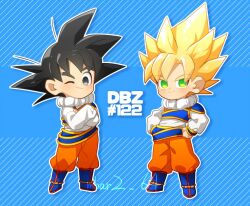 Rule 34 | 1boy, black eyes, black hair, chibi, closed mouth, crossed arms, dated commentary, dragon ball, dragonball z, dual persona, gamubanku, green eyes, hands on own hips, looking at viewer, male focus, official alternate costume, one eye closed, orange pants, pants, shirt, short hair, smile, solo, son goku, spiked hair, super saiyan, super saiyan 1, twitter username, white shirt
