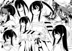 1girl absurdres bare_arms bare_shoulders blood blood_on_face bowl bushidou_(sekaiju) bushidou_2_(sekaiju) chopsticks closed_eyes closed_mouth collarbone eating etrian_odyssey flying_sweatdrops greyscale hair_between_eyes hair_down hair_ribbon hakama hakama_skirt highres holding holding_bowl holding_chopsticks japanese_clothes monochrome multiple_views navel nikki_kyousuke ponytail ribbon sarashi scar sitting skirt small_sweatdrop sweat v-shaped_eyebrows