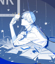 1boy belt blue_theme cellphone collared_shirt crossed_arms dokkaebi eraser hair_between_eyes hand_up highres kim_dokja lantercat looking_at_object lying male_focus omniscient_reader&#039;s_viewpoint on_ground on_stomach paper pencil phone rain shirt sketch snow_globe solo too_many_papers upper_body white_shirt