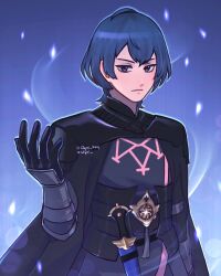 1boy armor armored_gloves artist_name black_armor black_cape black_gloves blue_eyes blue_hair cape closed_mouth dagger fire_emblem fire_emblem:_three_houses fire_emblem_engage gloves hand_up highres knife long_sleeves male_byleth_(emblem)_(fire_emblem) male_byleth_(fire_emblem) male_focus nintendo serious short_hair skeyme standing twitter_username upper_body watermark weapon