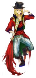1boy blonde_hair blue_eyes boots bracelet braid brown_boots coat commentary_request dio_(kyokugen_dasshutsu) full_body hand_on_own_hip highres jewelry kyokugen_dasshutsu kyokugen_dasshutsu_adv:_zennin_shibou_desu male_focus medium_hair necklace open_clothes open_coat open_mouth pants red_coat red_shirt rinne_(maxbeat) shirt simple_background smile solo standing standing_on_one_leg teeth twin_braids upper_teeth_only v-shaped_eyebrows white_background white_pants